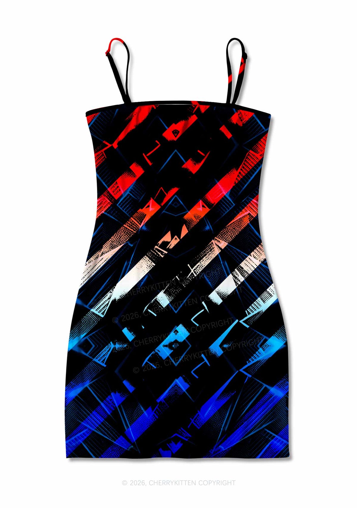 Red Blue Gradient Diagonal Stripe Y2K Print Slip Dress Cherrykitten