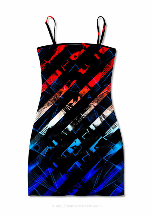 Red Blue Gradient Diagonal Stripe Y2K Print Slip Dress Cherrykitten