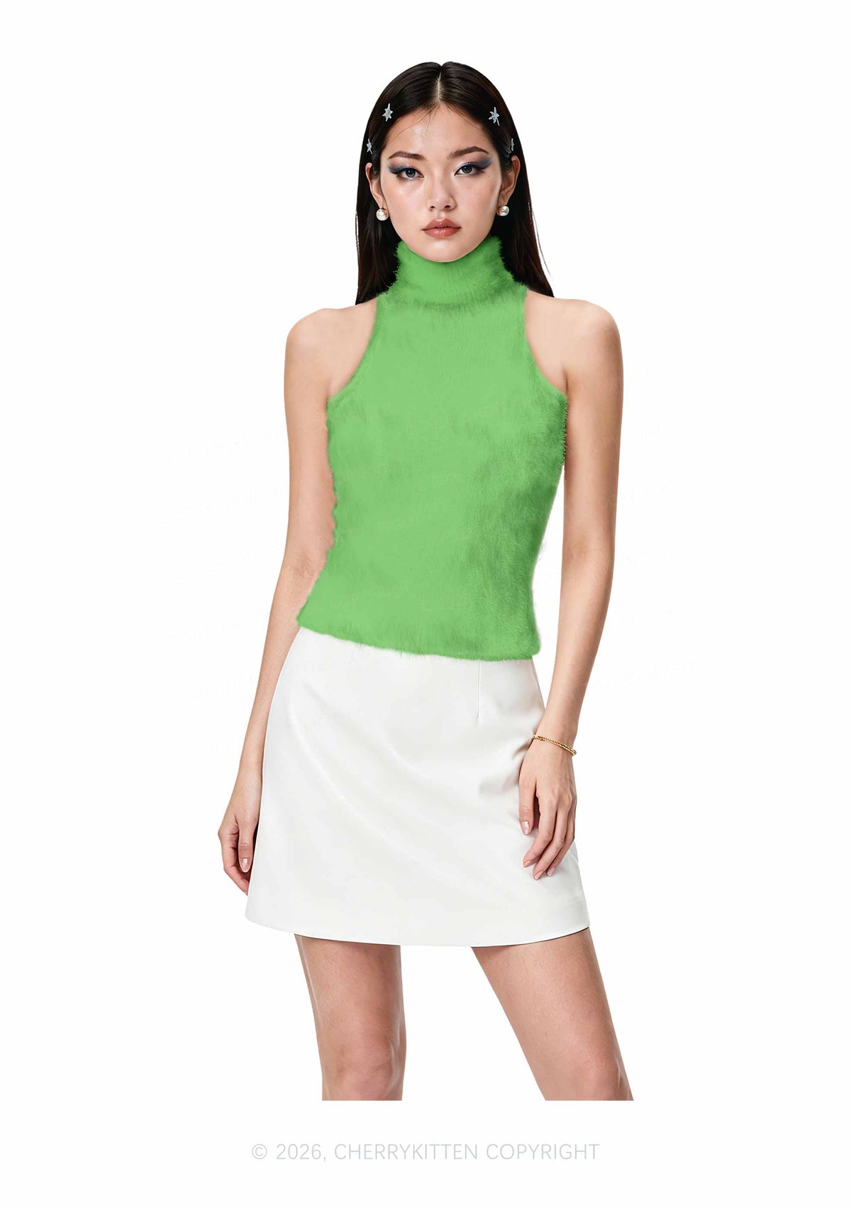Plain Grass Green Y2K Knit Turtleneck Tank Top Cherrykitten