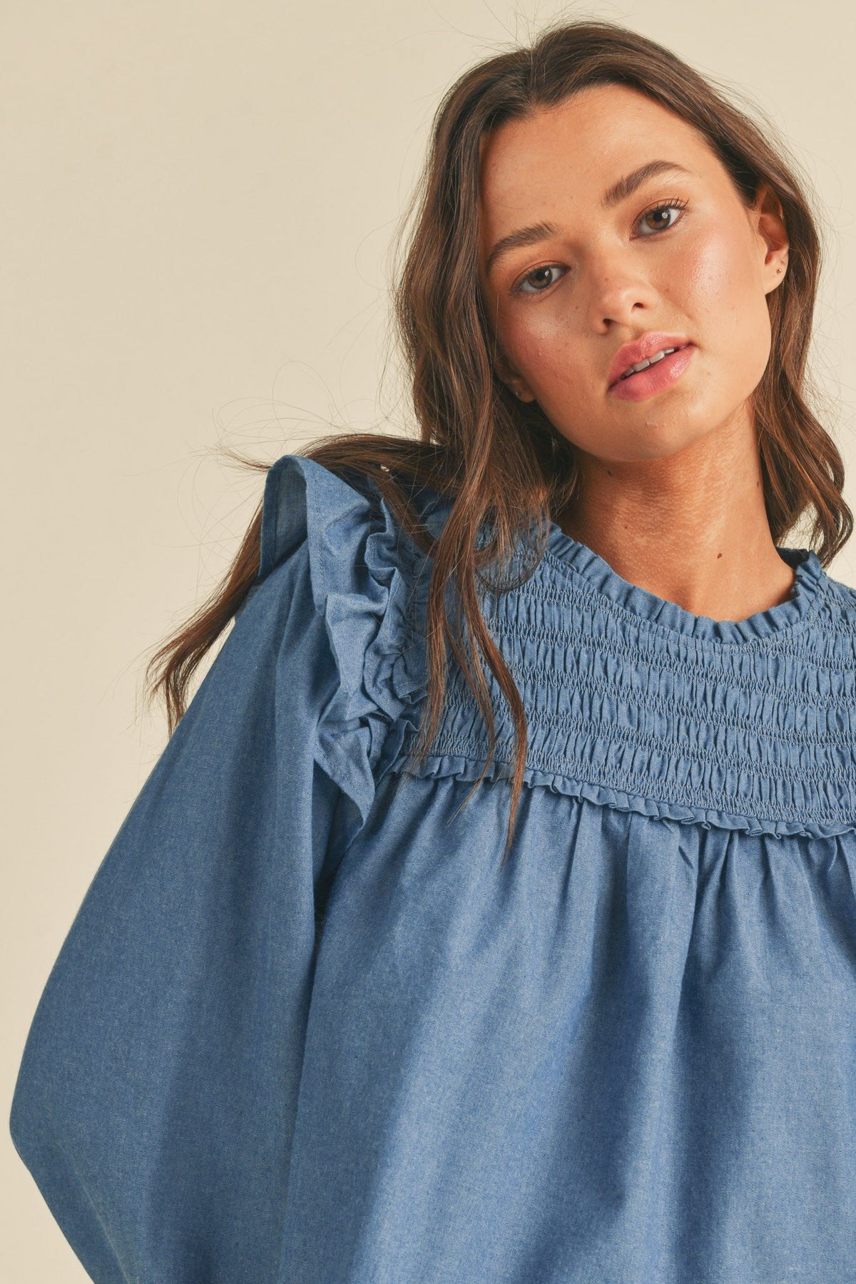 Smocking Yoke Flutter Long Sleeve - Blue Denim