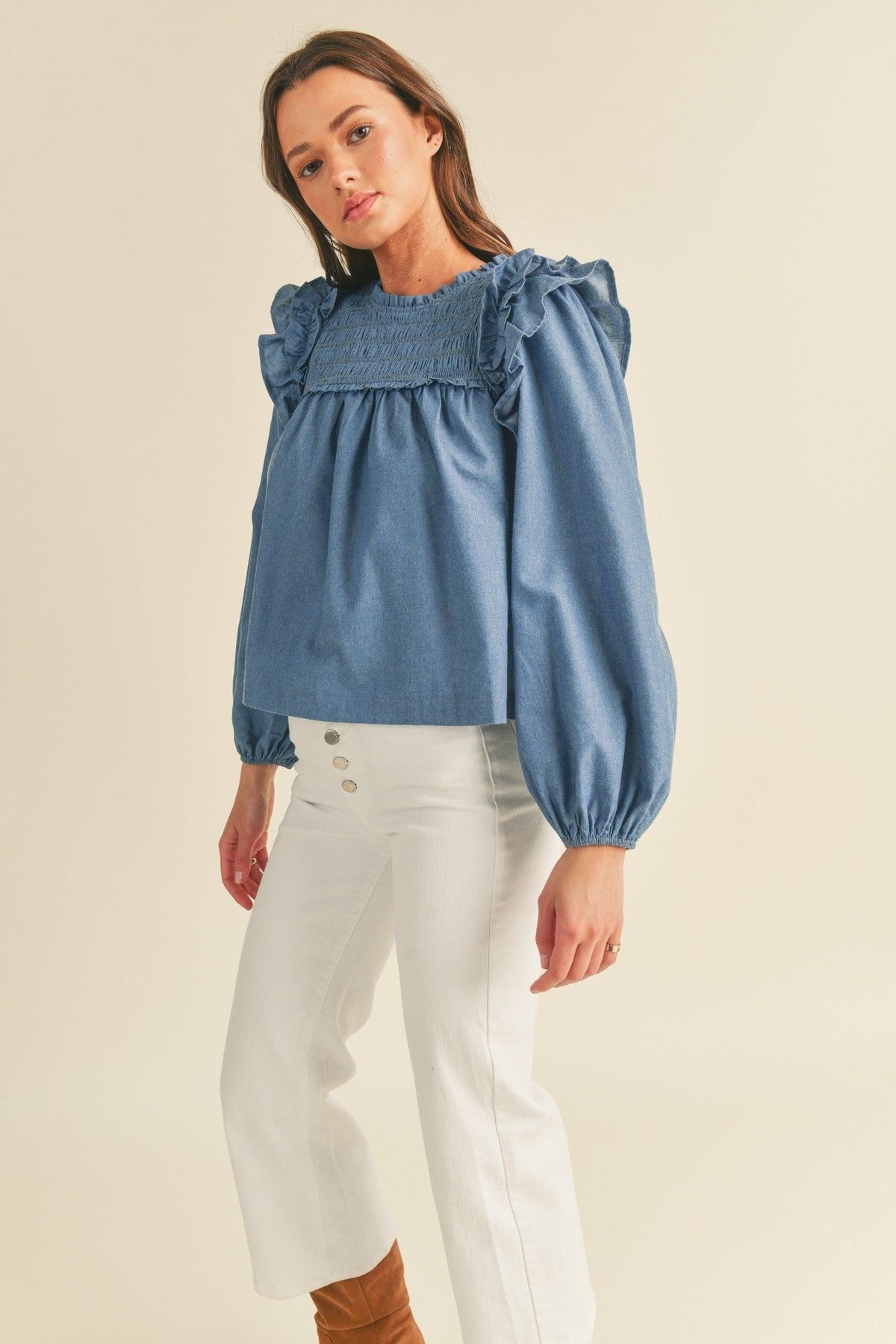 Smocking Yoke Flutter Long Sleeve - Blue Denim