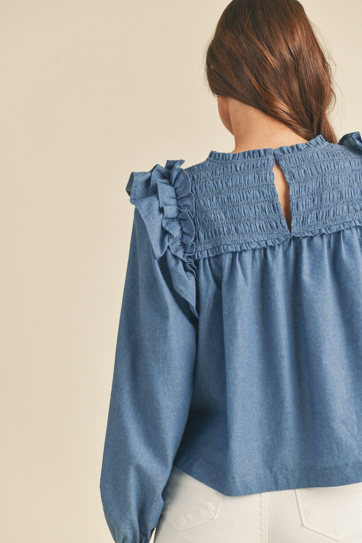 Smocking Yoke Flutter Long Sleeve - Blue Denim