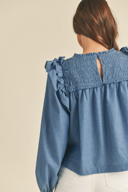 Smocking Yoke Flutter Long Sleeve - Blue Denim