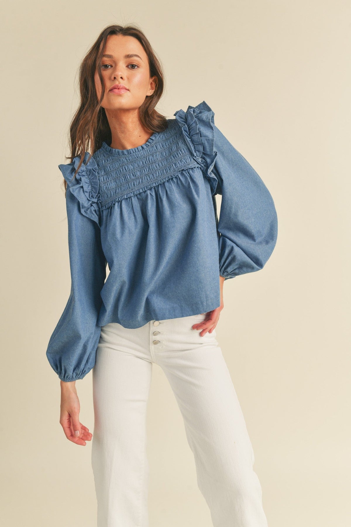 Smocking Yoke Flutter Long Sleeve - Blue Denim