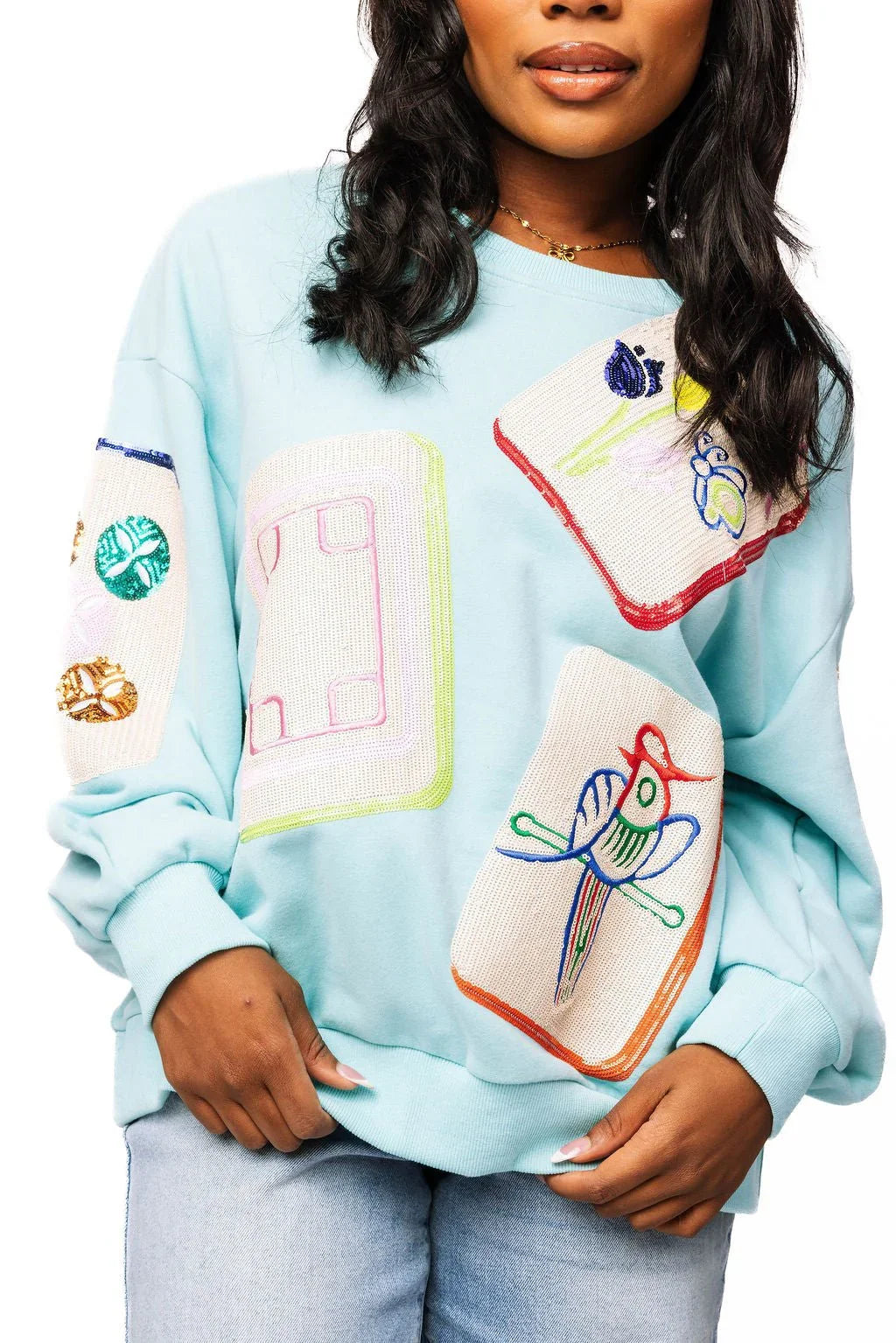 Scattered Mahjong Tile Sweatshirt-Aqua