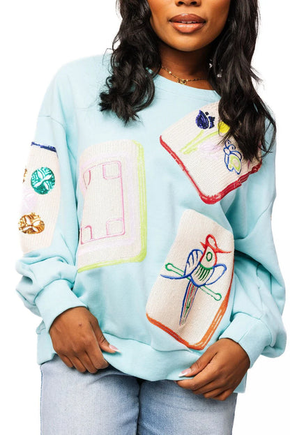 Scattered Mahjong Tile Sweatshirt-Aqua
