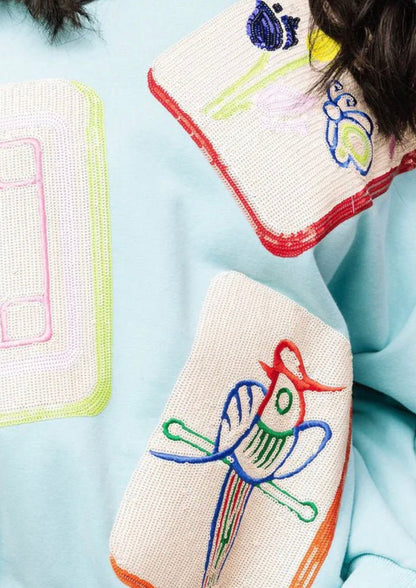 Scattered Mahjong Tile Sweatshirt-Aqua