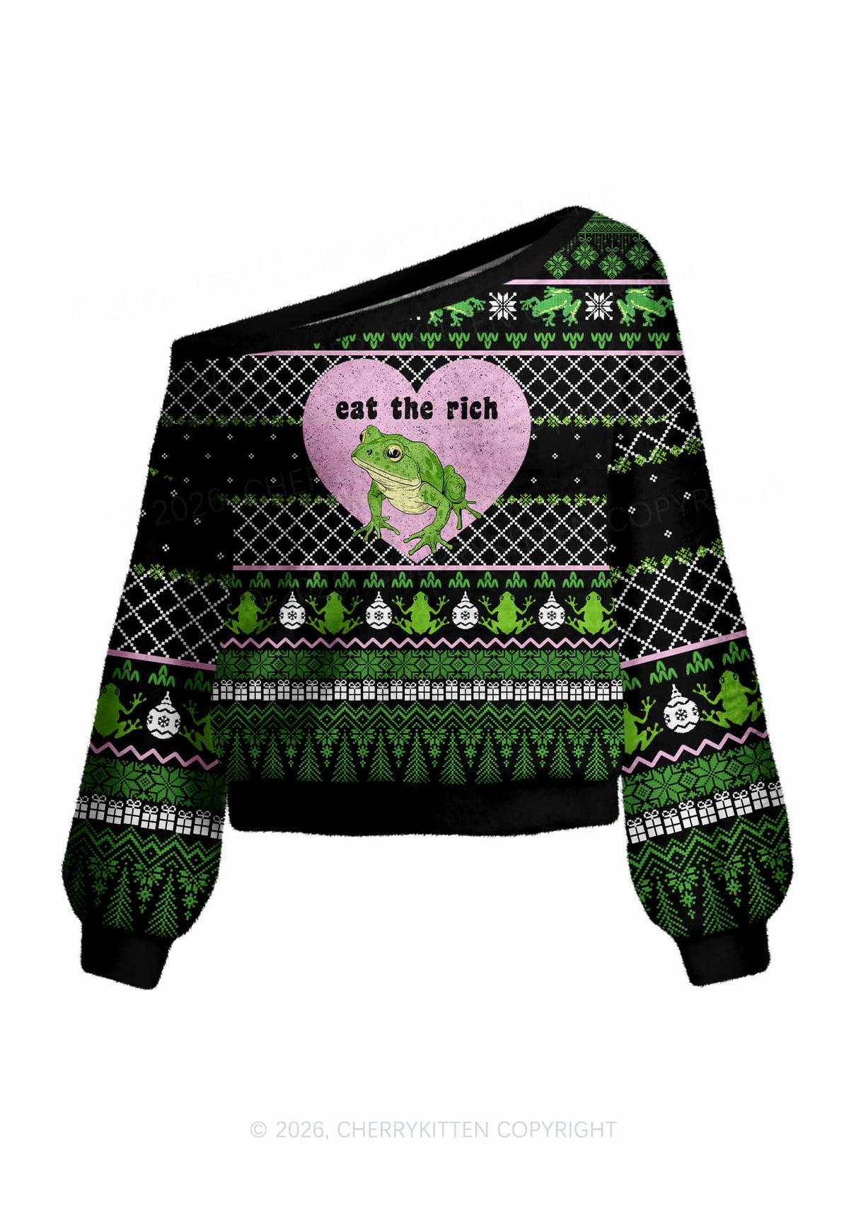 Eat The Rich Frog Y2K Off Shoulder Knit Sweatshirt Cherrykitten