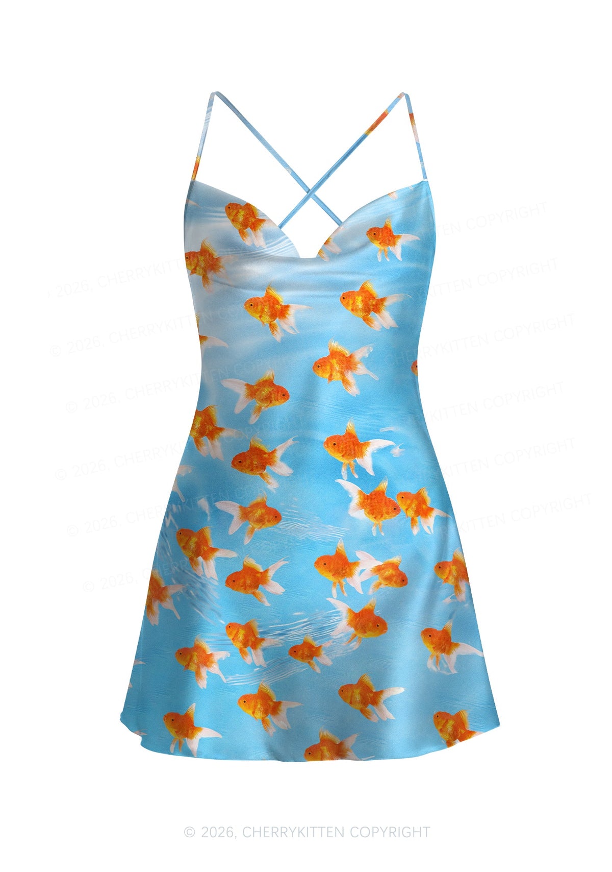Goldfish Y2K Print Satin Cowl Neck Slip Dress Cherrykitten