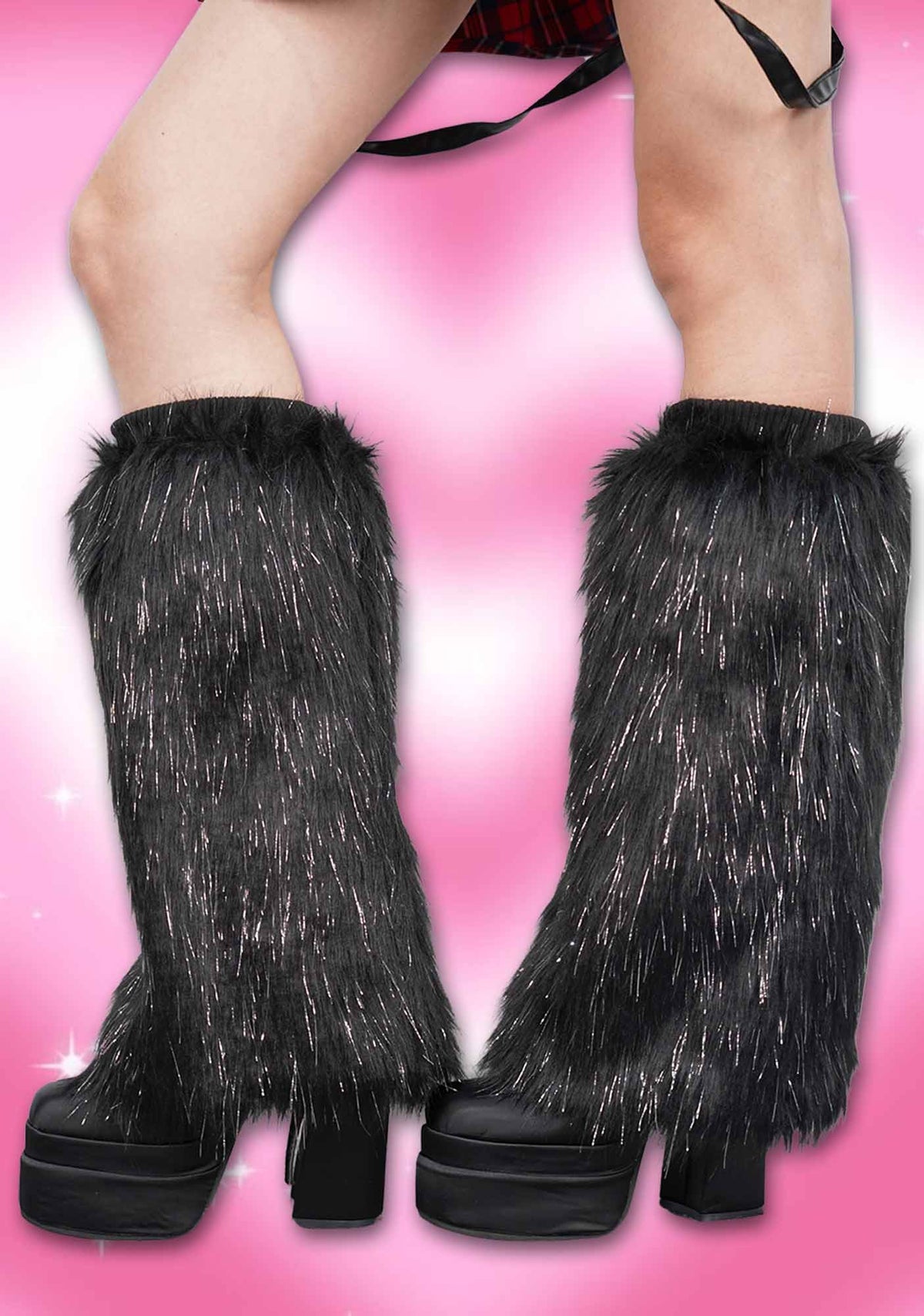Black Silver Faux Fur Y2K Leg Warmers Cherrykitten