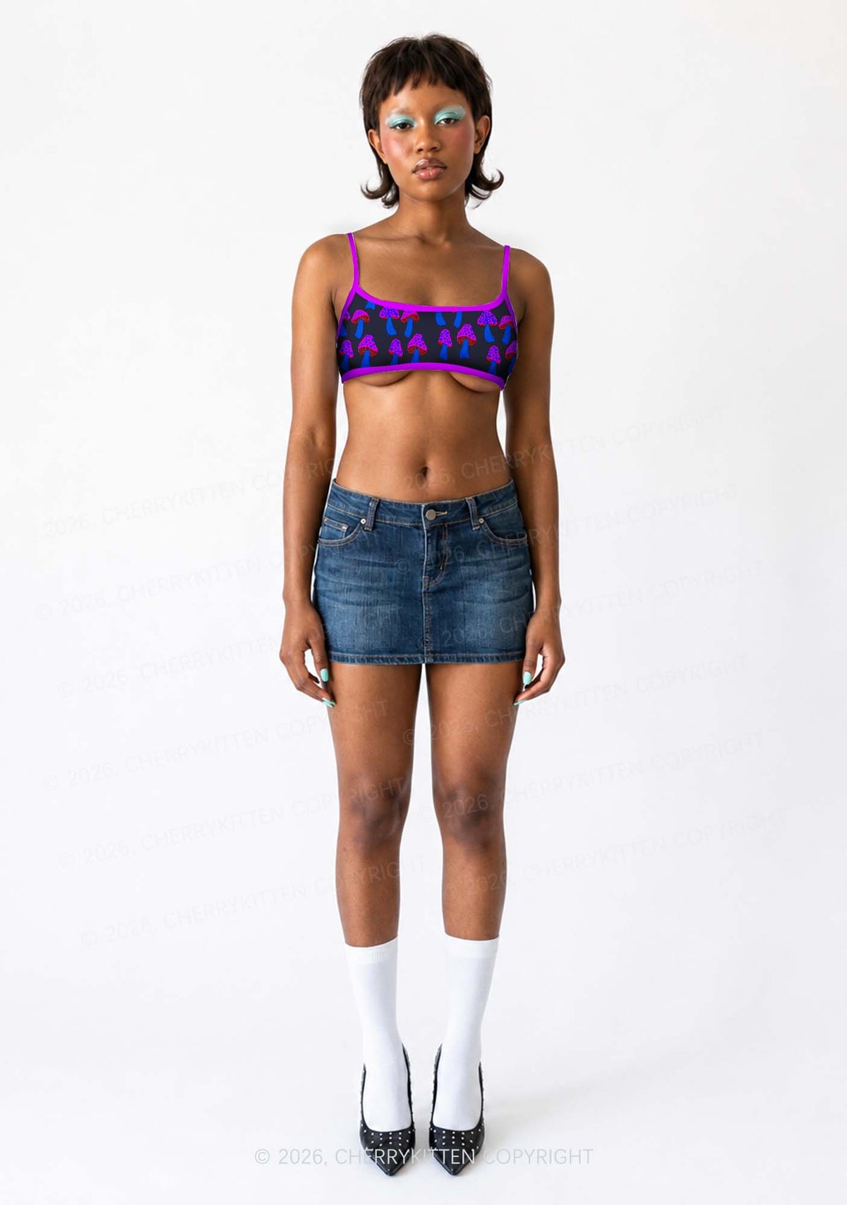 Blue Mushroom Y2K Print Super Crop Cami Cherrykitten