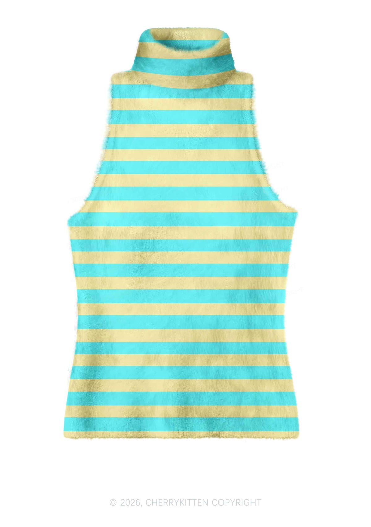 Mint Green Yellow Stripes Y2K Knit Turtleneck Tank Top Cherrykitten