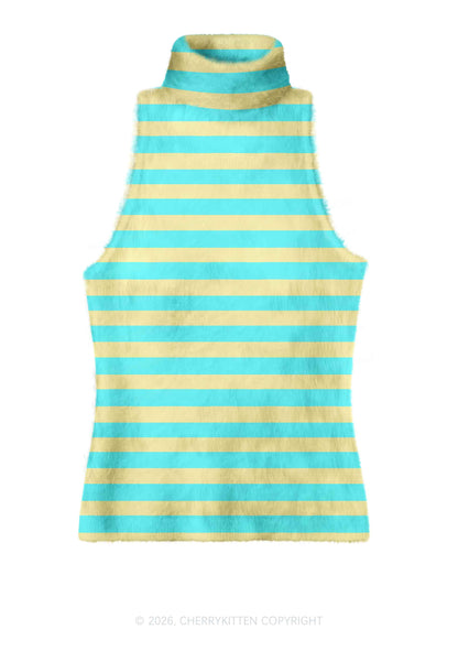 Mint Green Yellow Stripes Y2K Knit Turtleneck Tank Top Cherrykitten