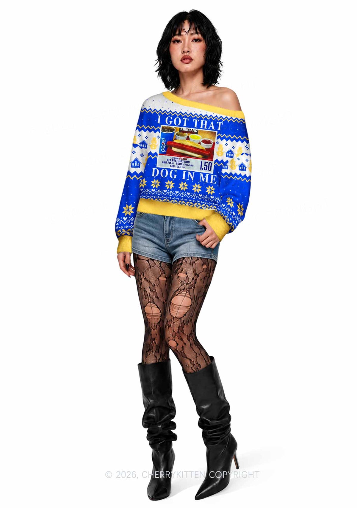 I Got That Hot Dog In Me Y2K Off Shoulder Knit Sweatshirt Cherrykitten