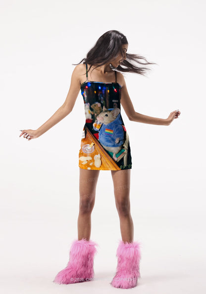 Blue Hoodie Rat Drinking Pride Y2K Print Slip Dress Cherrykitten