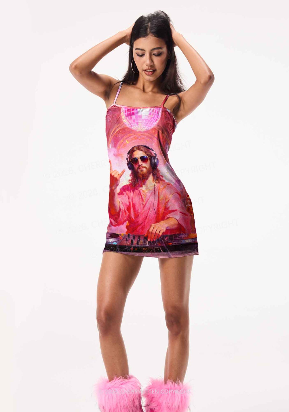 Disco Jesus DJ Y2K Print Slip Dress Cherrykitten