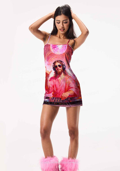 Disco Jesus DJ Y2K Print Slip Dress Cherrykitten