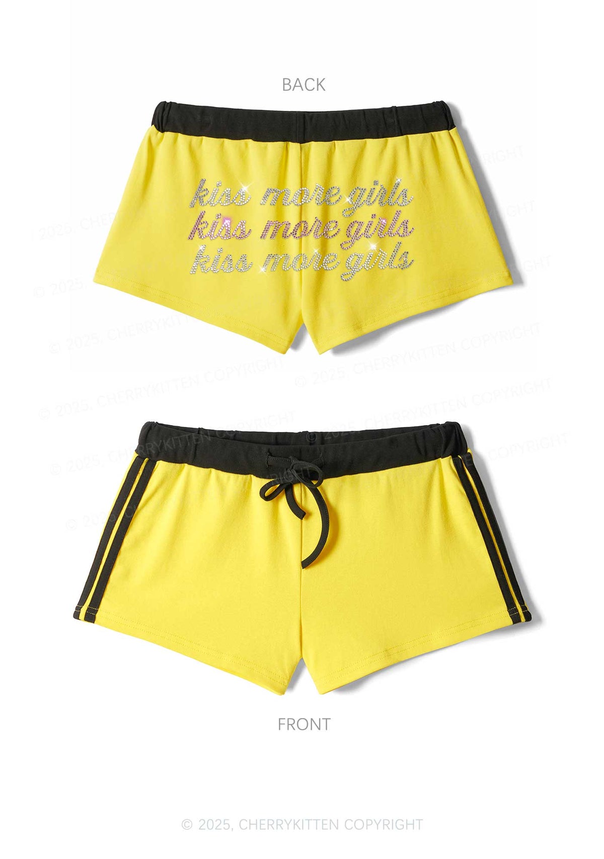 Rhinestone Kiss More Girls Pride Y2K Drawstring Mini Shorts Cherrykitten
