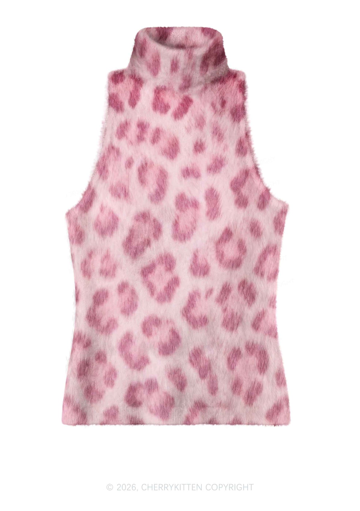Light Pink Leopard Y2K Knit Turtleneck Tank Top Cherrykitten