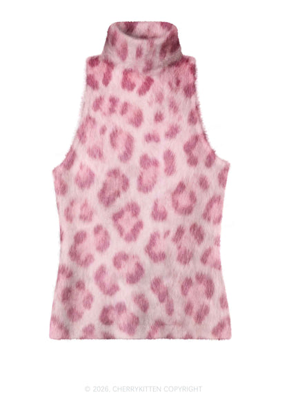 Light Pink Leopard Y2K Knit Turtleneck Tank Top Cherrykitten