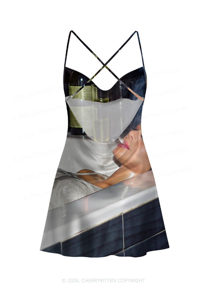 Smoking Woman Y2K Print Satin Cowl Neck Slip Dress Cherrykitten