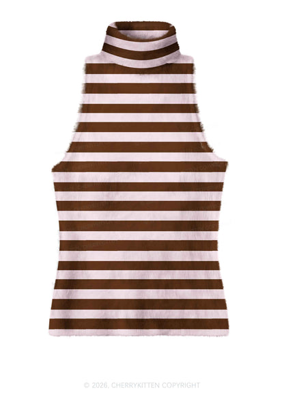 Pink Brown Stripes Y2K Knit Turtleneck Tank Top Cherrykitten