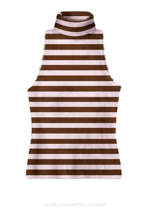 Pink Brown Stripes Y2K Knit Turtleneck Tank Top Cherrykitten