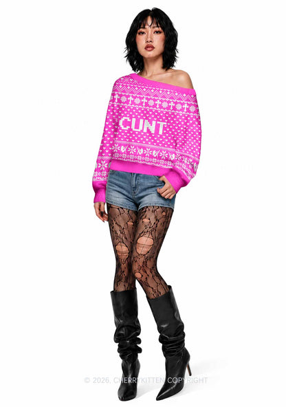 Pink Cxxt Y2K Off Shoulder Knit Sweatshirt Cherrykitten