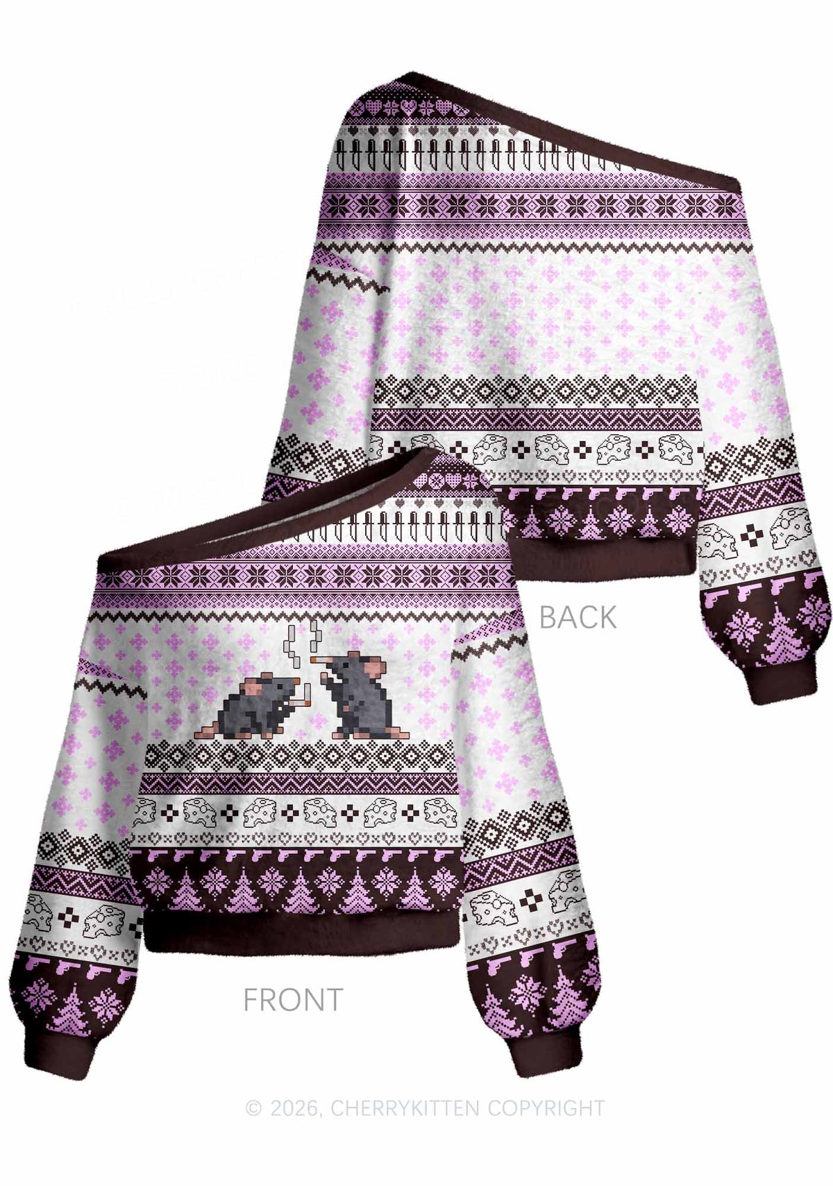 Pixel Smoking Rats Y2K Off Shoulder Knit Sweatshirt Cherrykitten
