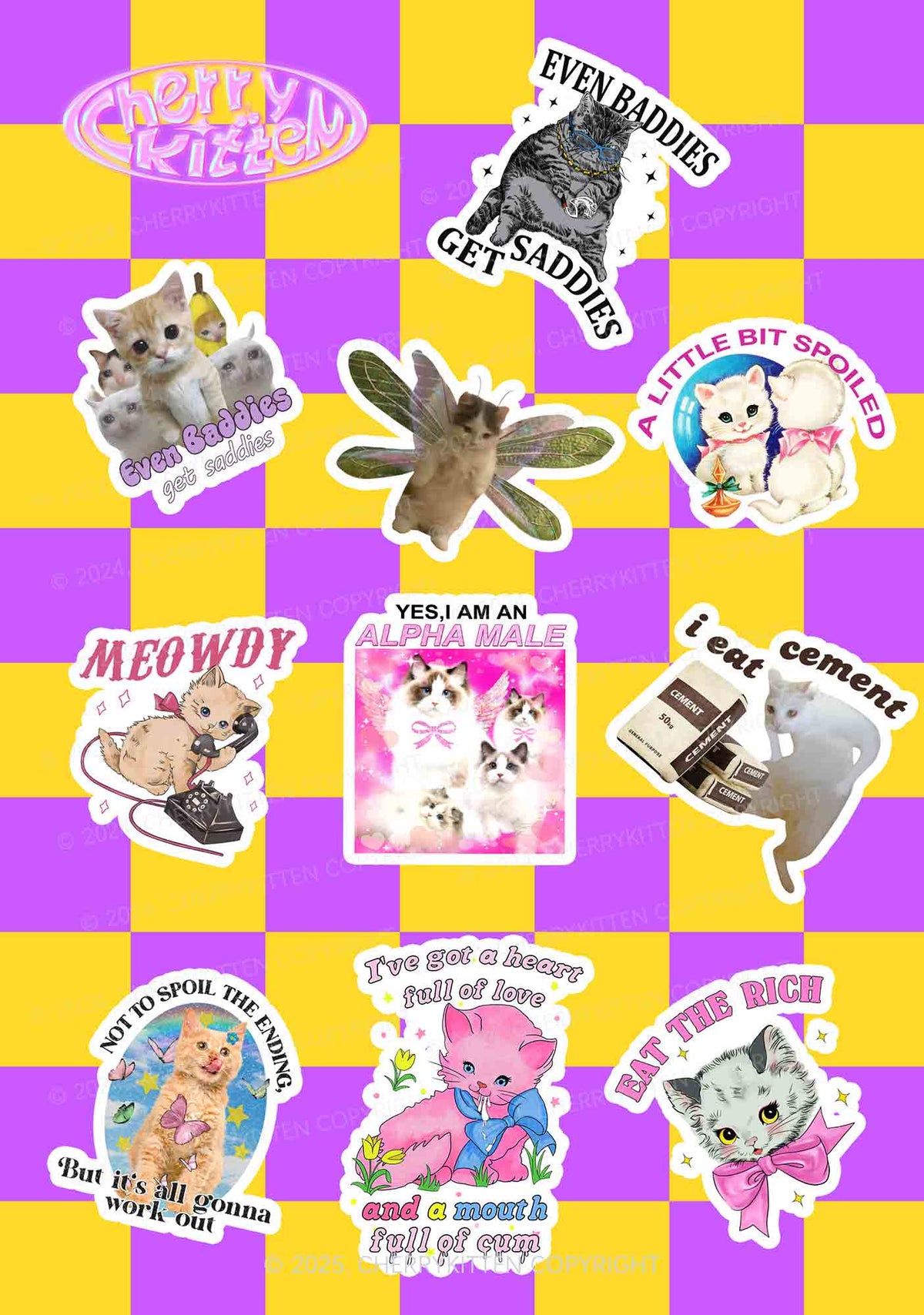 Cherrykitten Favorites Cat Y2K Stickers Pack Of 10