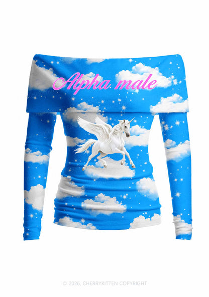 Blue Sky Alpha Male Unicorn Y2K Off Shoulder Fold Over Knit Top Cherrykitten