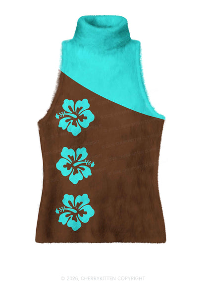 Mint Green Hibiscus On Brown Y2K Knit Turtleneck Tank Top Cherrykitten