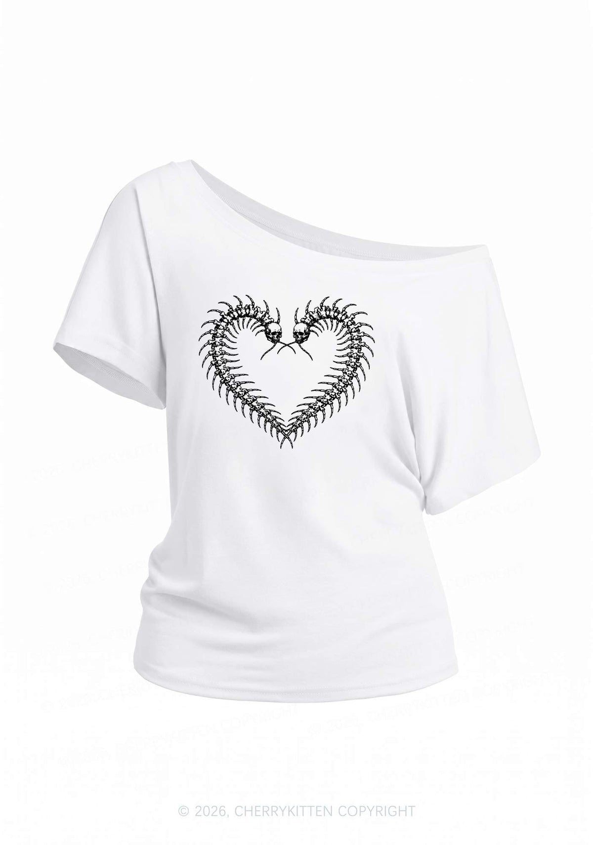 Halloween Centipede Heart Shape Y2K Off Shoulder Tee Cherrykitten