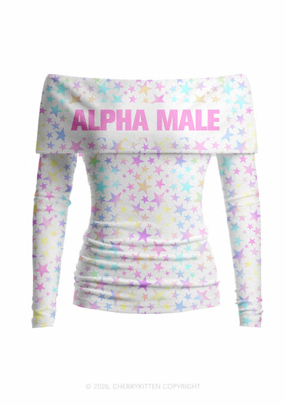 Pastel Star Alpha Male Y2K Off Shoulder Fold Over Knit Top Cherrykitten