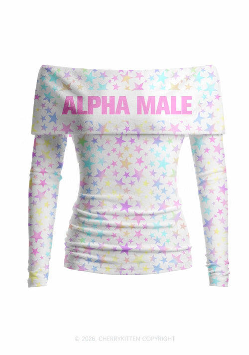 Pastel Star Alpha Male Y2K Off Shoulder Fold Over Knit Top Cherrykitten
