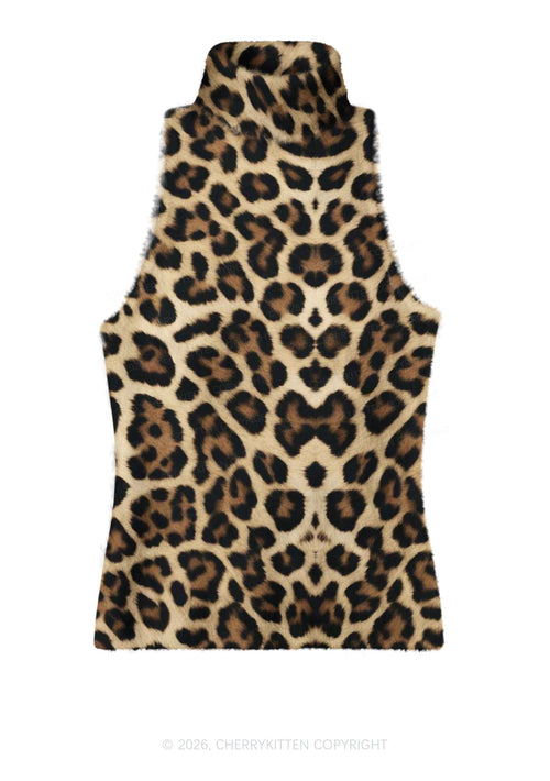 Brown Leopard Y2K Knit Turtleneck Tank Top Cherrykitten