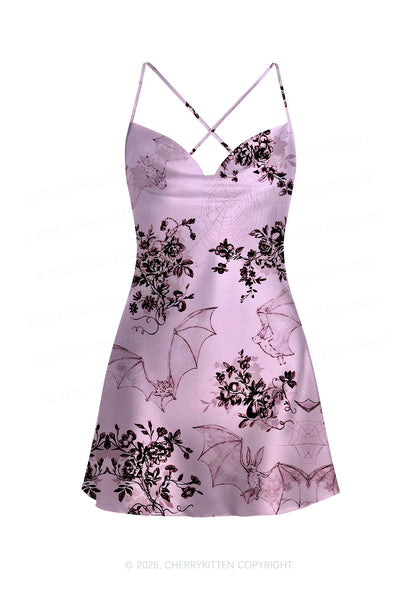 Pink Bat Y2K Print Satin Cowl Neck Slip Dress Cherrykitten