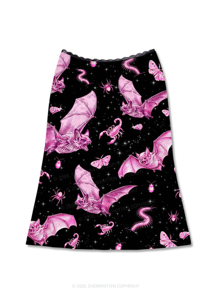 Halloween Pink Bat Y2K Print Midi Skirt Cherrykitten