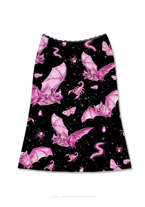 Halloween Pink Bat Y2K Print Midi Skirt Cherrykitten
