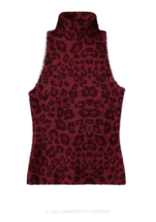 Wine Red Leopard Y2K Knit Turtleneck Tank Top Cherrykitten