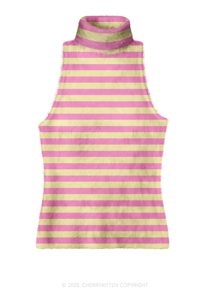 Pink Yellow Stripes Y2K Knit Turtleneck Tank Top Cherrykitten