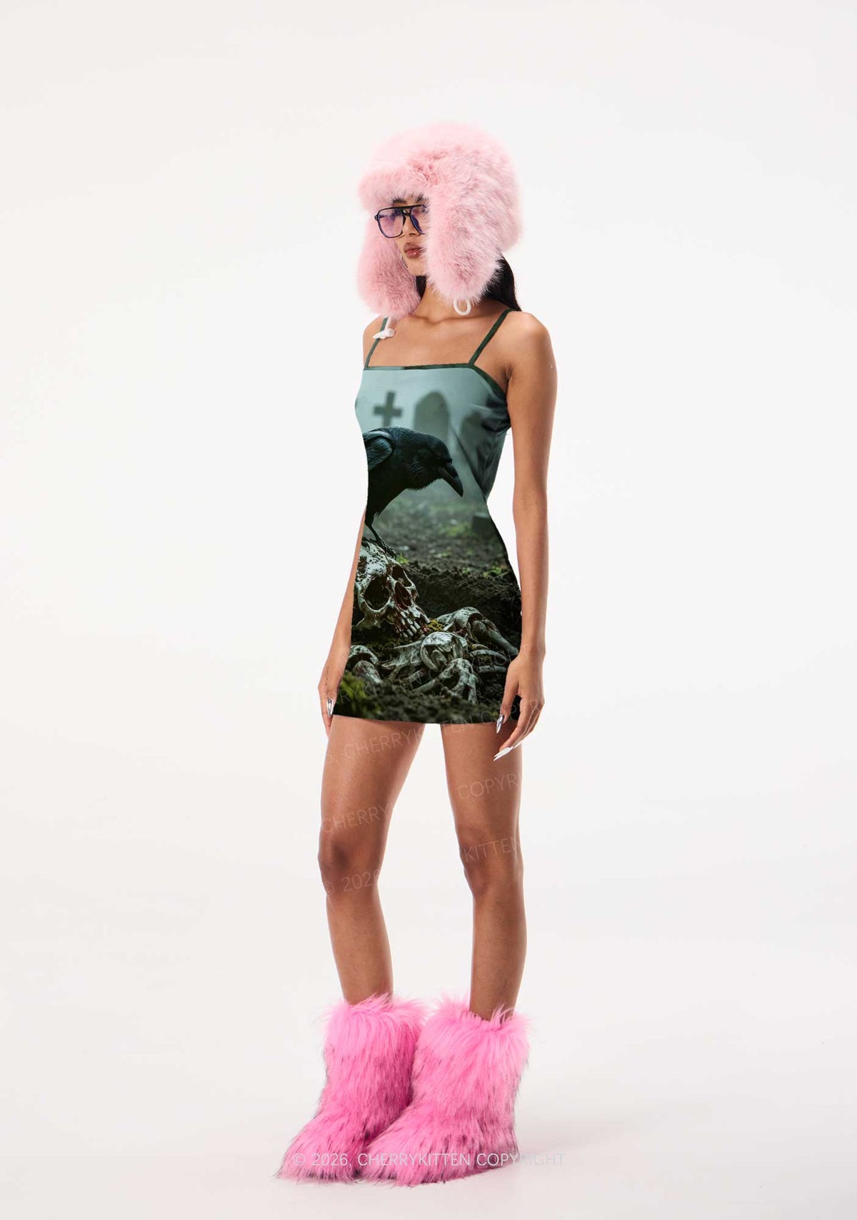 Halloween Raven On Skull Y2K Print Slip Dress Cherrykitten