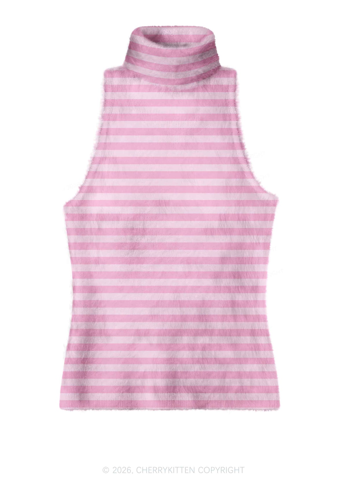 Hot Pink White Stripes Y2K Knit Turtleneck Tank Top Cherrykitten