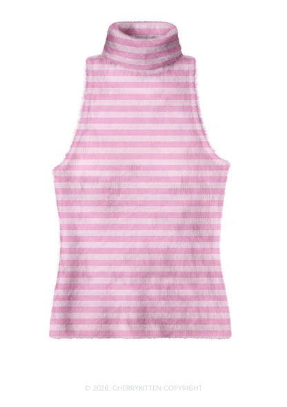 Hot Pink White Stripes Y2K Knit Turtleneck Tank Top Cherrykitten