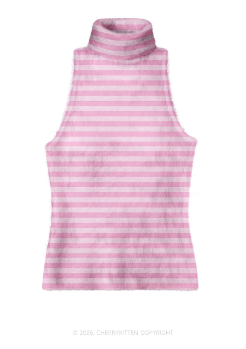 Hot Pink White Stripes Y2K Knit Turtleneck Tank Top Cherrykitten