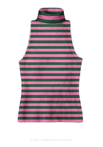 Pink Green Stripes Y2K Knit Turtleneck Tank Top Cherrykitten