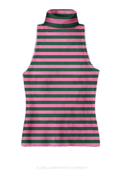 Pink Green Stripes Y2K Knit Turtleneck Tank Top Cherrykitten