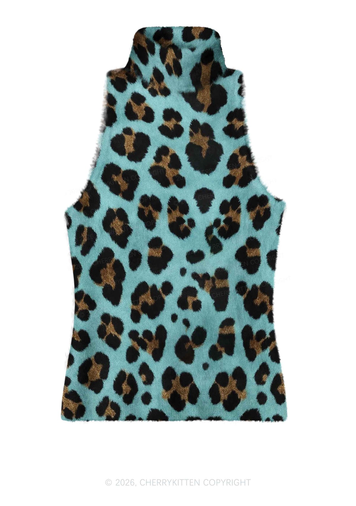 Mint Green Leopard Y2K Knit Turtleneck Tank Top Cherrykitten