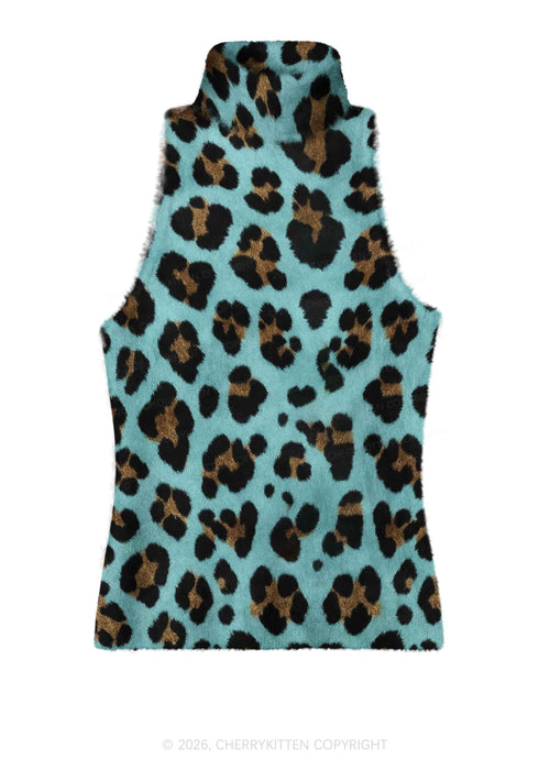 Mint Green Leopard Y2K Knit Turtleneck Tank Top Cherrykitten
