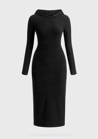 Plain Y2K Long Sleeve Knit Hoodie Dress Cherrykitten